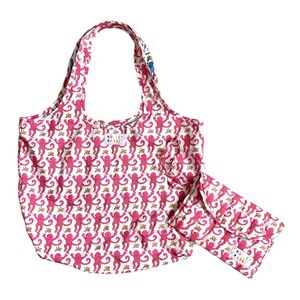 Roller Rabbit Reversible Monkey Paola Print Tote Bag with Pouch Clutch Pink Blue